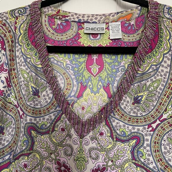 Chicos Beaded Neckline 1970’s Paisley Print Poncho Topper Blouse Size L/XL Boho - Picture 5 of 7